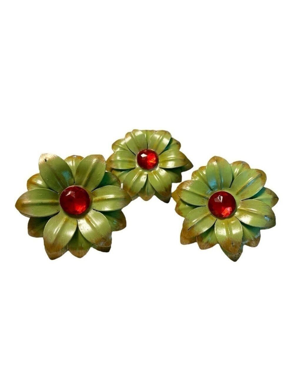 Vintage Set of 3 Pier 1 Napkin Rings Metal Flowers Green w/Red Bead Center,